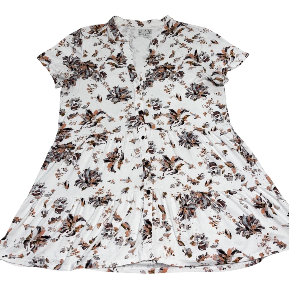 Wonderly Floral Tiered Babydoll‎ Mini Dress White Rust Grey Womens Size L (E10)